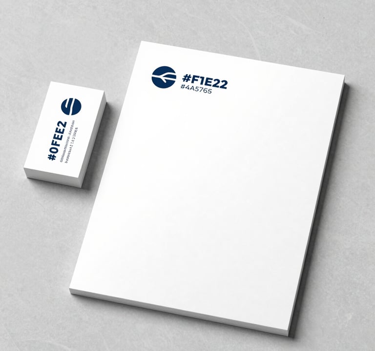 A sophisticated stationery mockup featuring a business card and a letterhead. The design is stark and minimalist, using #0F1E2E for the logo and #4A5763 for accent text against #F8F8F4 paper. The mockup is presented on a clean stone surface with sharp, professional lighting.