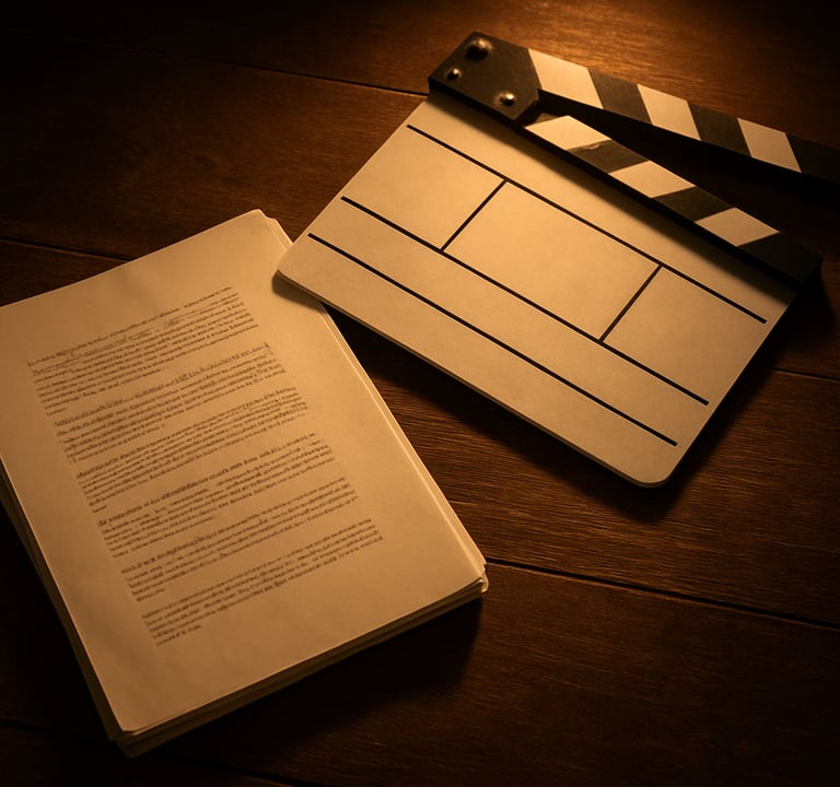 A top-down shot of a script and a film slate on a dark wooden table, illuminated by a warm, golden spotlight. Cinematic storytelling style, North American / International.