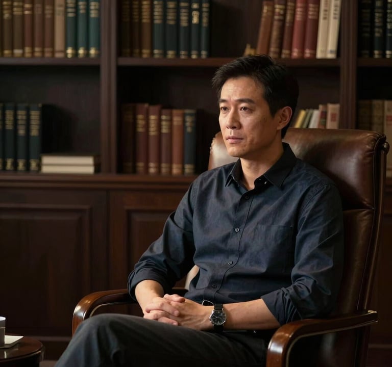 A cinematic documentary-style shot of an interview setup in a refined Global / Western office. A person is sitting in a leather chair, illuminated by soft golden key light against a dark, sophisticated backdrop of books and deep shadows.