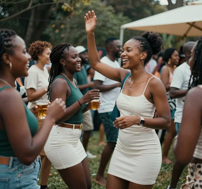 A lively, candid photo of people celebrating at a South African garden party. The shot is captured with professional artistry, showing movement and genuine joy, with a color palette of deep forest teal and warm off-white.