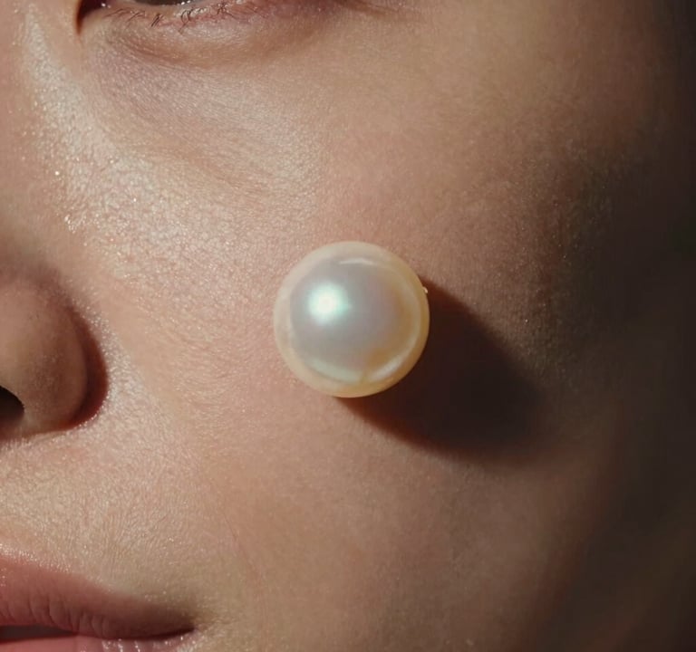Cinematic close-up of human skin reacting to sound-induced vibrations, captured under soft milky pearl lighting with deep charcoal shadows.