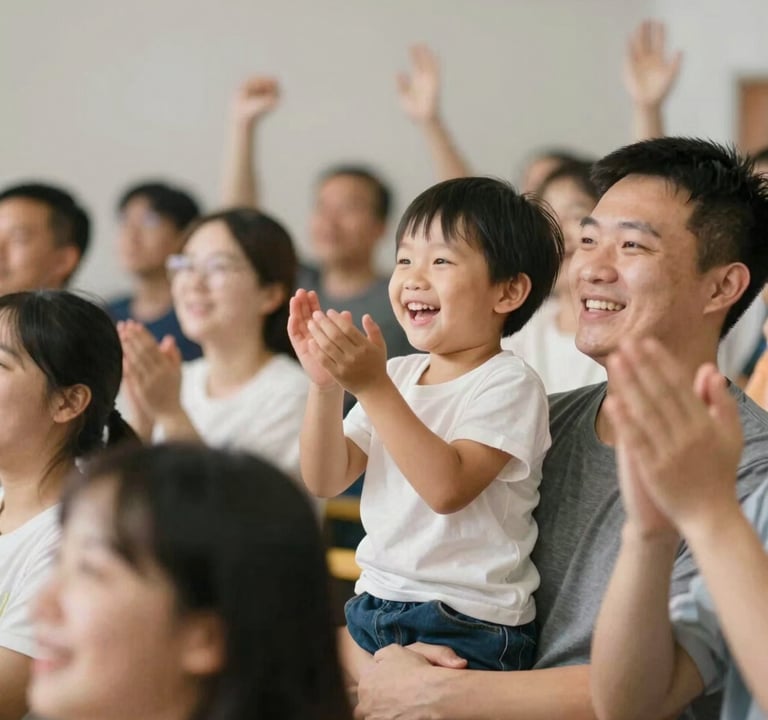 A candid shot of the crowd cheering. A young child is clapping with a wide smile, being held by an adult. The focus is on the human connection and the atmosphere of the event. Soft, approachable lighting, using #F2F1ED for a bright, positive feel.