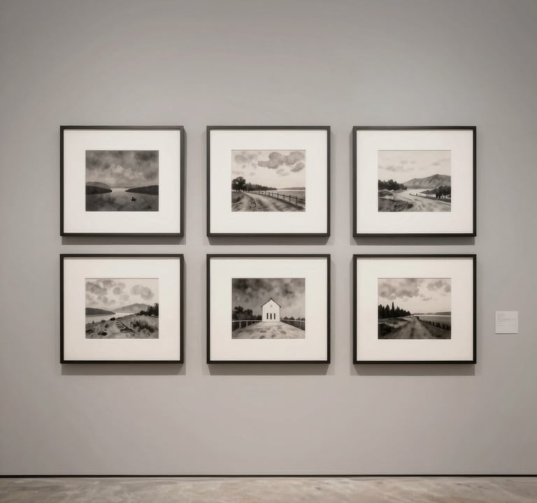 A minimalist view of an elegant gallery wall. Artworks framed in dark #362C27 are displayed, featuring a mix of photography and watercolor in a cohesive, serene style using #A89B90 and #6F5E52 palette colors.