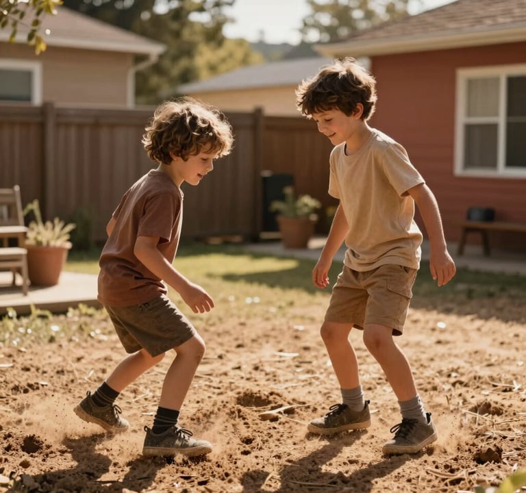 A lifestyle photograph of two brothers playing in a North American backyard. The lighting is warm and sun-drenched, capturing a genuine, cinematic moment of childhood joy. Earthy Brown and Terracotta accents in the environment.