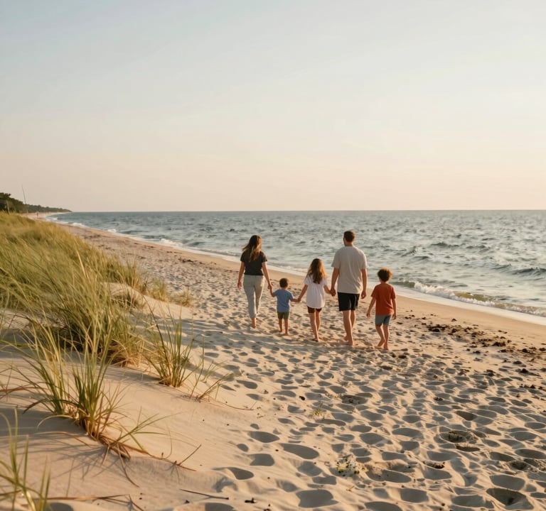 A wide photography shot of a family walking along the dunes of a Lake Michigan beach in West Michigan. The scene is illuminated by the warm, soft light of the golden hour. The composition is expansive, showing the light cream sand and the gentle water, conveying a sense of freedom and timeless love.
