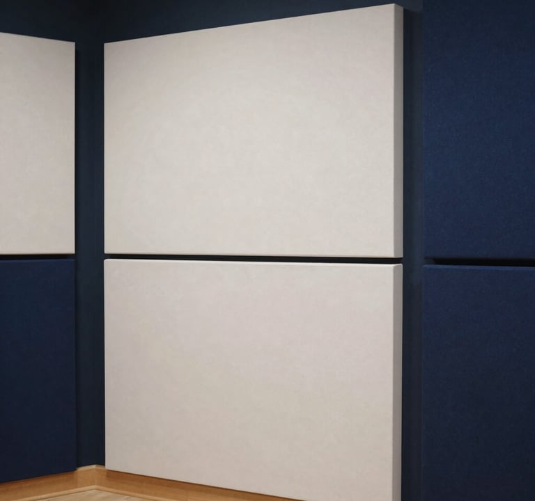 Wide-angle view of a modern acoustic treatment in a scoring stage in Madrid. Minimalist panels in off-white and dark blue. The scene is elegant, clean, and professional, bathed in soft, diffused light.