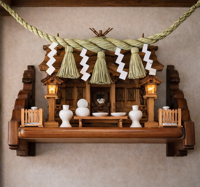 Traditional wooden Kamidana shinto altar with shime-nawa rope and white porcelain offerings.