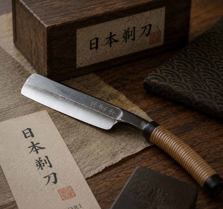 Traditional Japanese Kamisori straight razor with a wrapped handle next to its wooden storage box.