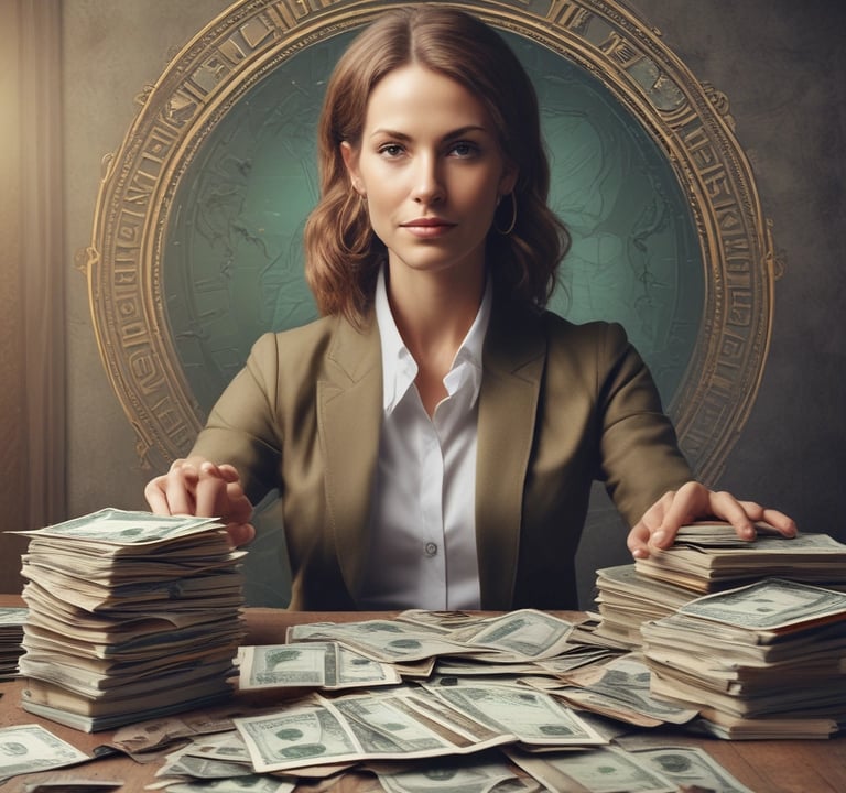 a woman sitting at a table with stacks of money