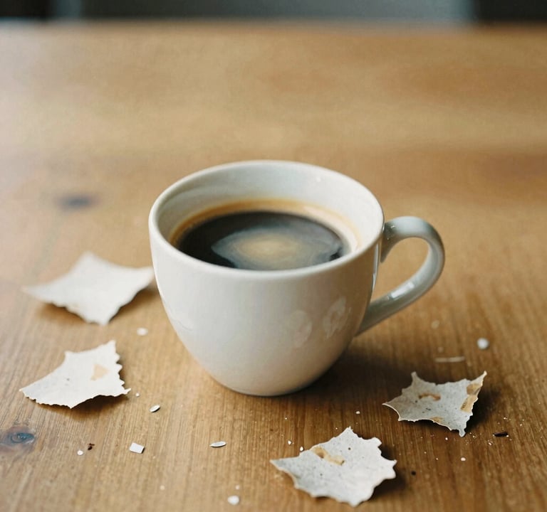 An abstract film photo of a cup of coffee on a wooden table with scattered torn paper scraps. Warm cream (#F8F3EC) and faded ink tones. Slightly out of focus, looking like a quiet moment captured in a darkroom.