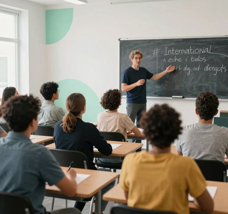 A high-quality photo of a diverse group of adults in a bright, modern International / English-speaking classroom setting. They are listening to a musician explain a musical concept on a chalkboard. The room is airy with Soft Cloud White walls and Electric Mint decor.