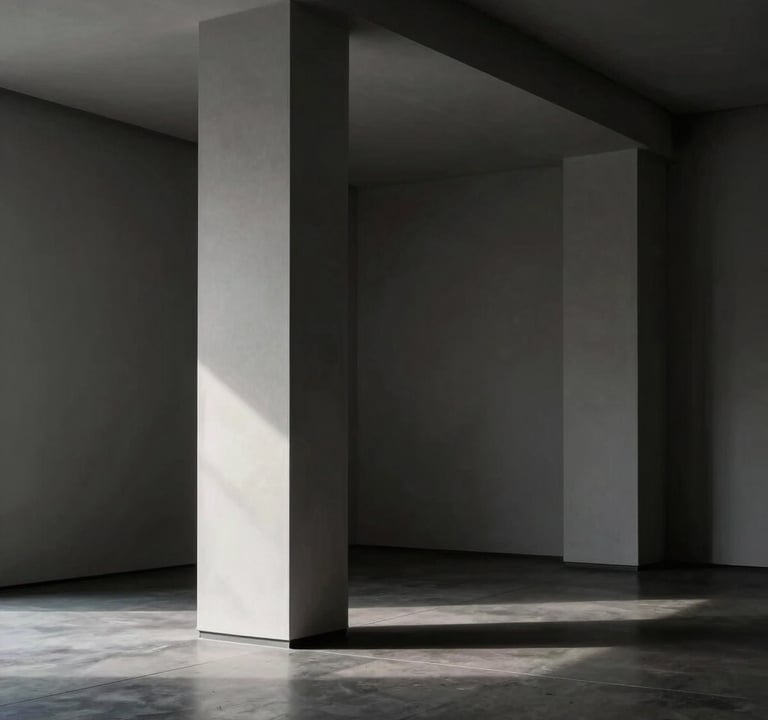 A high-contrast architectural interior shot with deep charcoal shadows and bright light gray highlights. A single column stands in a minimalist Northern European gallery space. Refined and artistic mood.