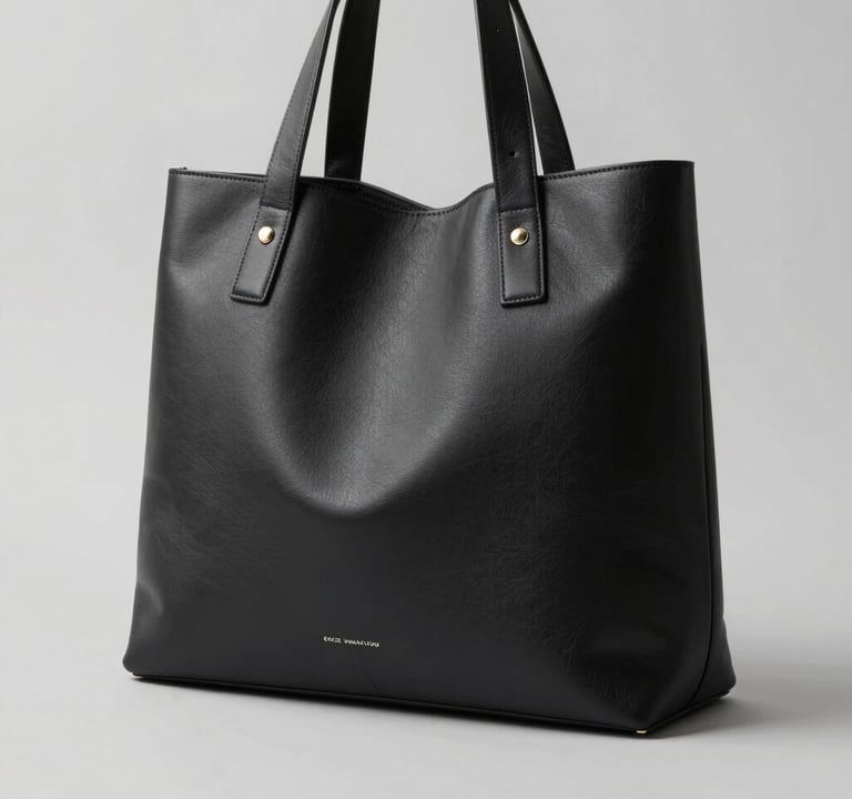 Detail shot of black leather accessories against a light gray #D0D0D0 backdrop. Sleek, minimalist design, high contrast lighting, and premium look. Sophisticated fashion photography.