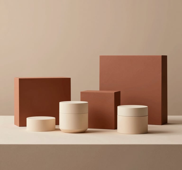 Wide shot of a luxury product setup. The arrangement feels like a classical still-life painting but with modern high-key hard lighting. Deep terracotta accents (#A3533F) contrast with sand-colored elements (#F8F4ED).