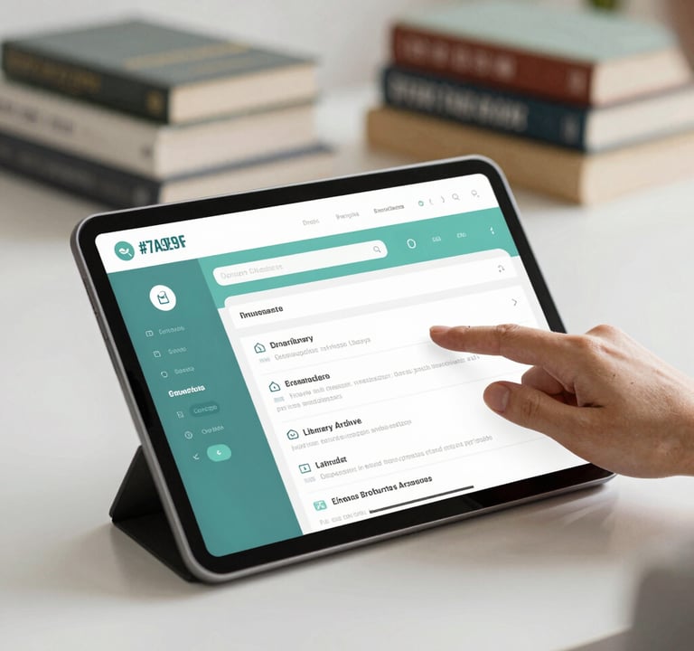 A hand navigating a digital library archive on a tablet. The screen shows a clean interface with teal #7A9E9F accents. The setting is a cozy, brightly lit office with a stack of books in the background, combining technology and traditional scholarship.