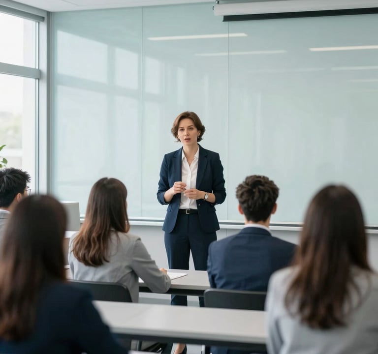 Bright editorial photography of a modern glass-walled classroom in Belgrade, a professional native instructor speaking with adult students, clean daylight, soft blue tones.