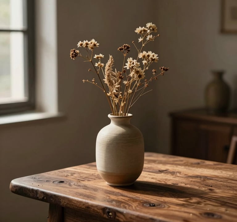 Cinematic, editorial photograph of a minimalist ceramic vase holding dry wildflowers, positioned on a rustic wooden table. The scene is illuminated by a single, soft shaft of light from a window, emphasizing rich walnut brown and sand tones. Poetic, quiet, and reflective high-end publication style.
