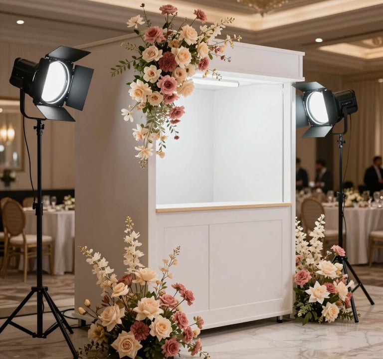 An elegant photo booth setup at a high-end event in a Middle Eastern hall. The booth is decorated with light cream and dusty pink flowers, with professional studio lights prepared for guests.