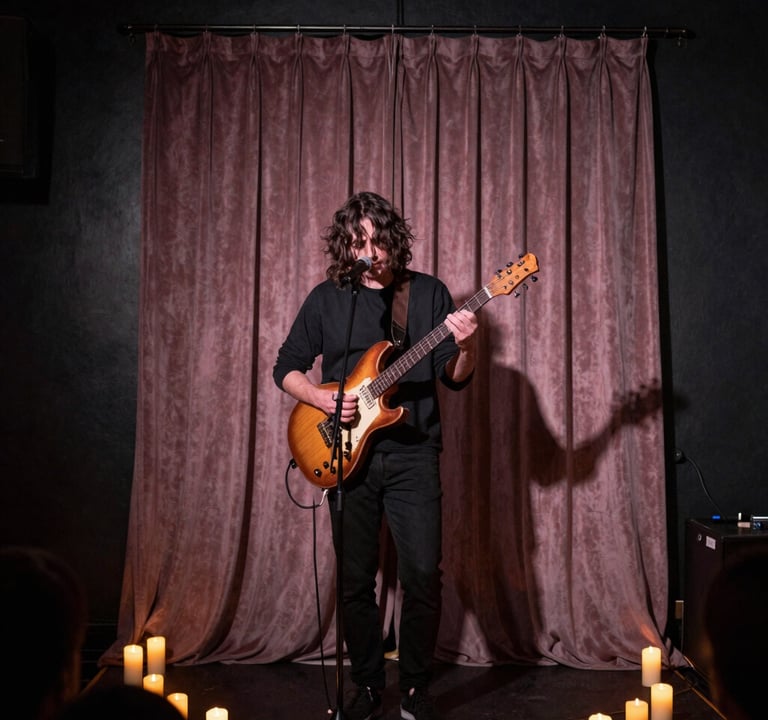A musician performing on a small stage in a candlelit North American / US club. The lighting creates an intimate glow against a dark charcoal background. The mood is artistic and soulful, with muted mauve hues in the stage curtains.
