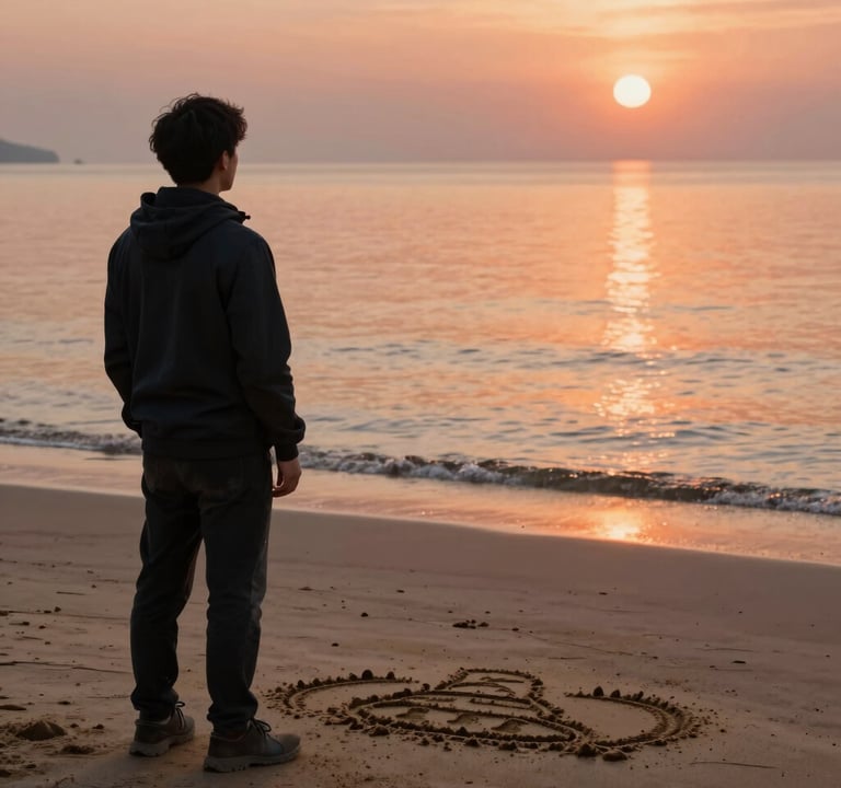A person standing quietly at the edge of a vast beach, looking at a disappearing sand drawing. The scene is bathed in a contemplative, warm sunset light with terracotta hues reflecting on the water's surface.