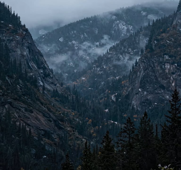 A wide cinematic landscape photograph of a misty, forested valley in the North American / US mountains. The lighting is diffused and moody, using a palette of muted indigo and charcoal to create a sense of mystery and narrative depth.