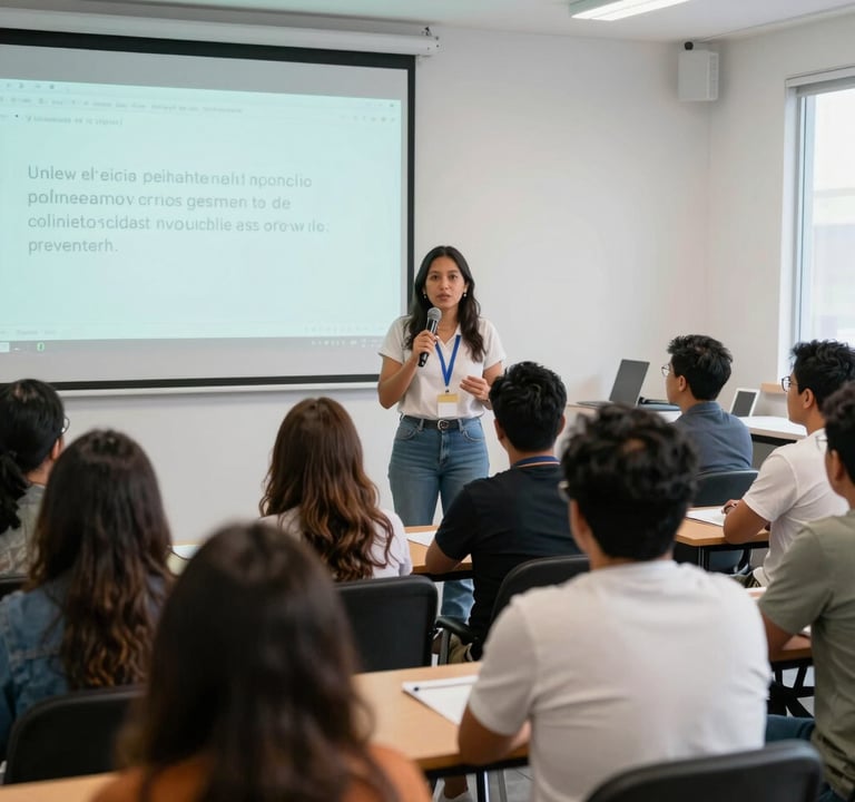 An empowering, brightly lit community workshop in Mexico City. A Mexican woman is leading a presentation about online grooming prevention to an engaged group of diverse ages. The background is a clean, modern white room with a projector screen casting soft teal light, creating an atmosphere of safety and modern education.