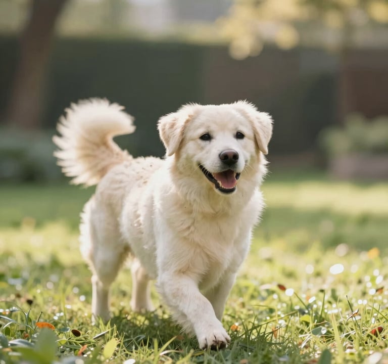 A heartfelt photo of a family dog playing in a sunlit garden, capturing a candid and warm moment. The color palette includes #B8ADAD and #F5F2F0 in the natural environment.