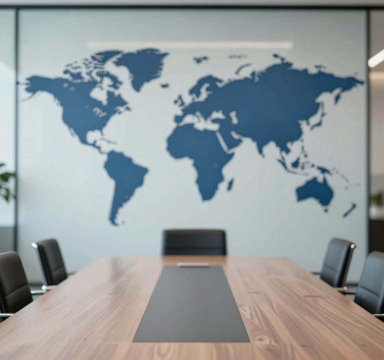 A refined boardroom setting with a world map integrated into a glass wall, illuminated by soft natural light. The atmosphere is quiet, professional, and authoritative, using brand colors #A9C5D0 and #1A2C38.