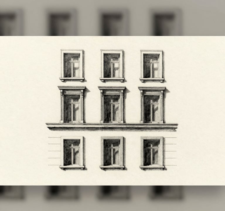 A minimalist charcoal drawing of an urban facade, focusing on the rhythm of windows and shadows. The drawing sits in the center of a large piece of cream-colored paper, embodying a thoughtful, authorial approach to architectural representation.
