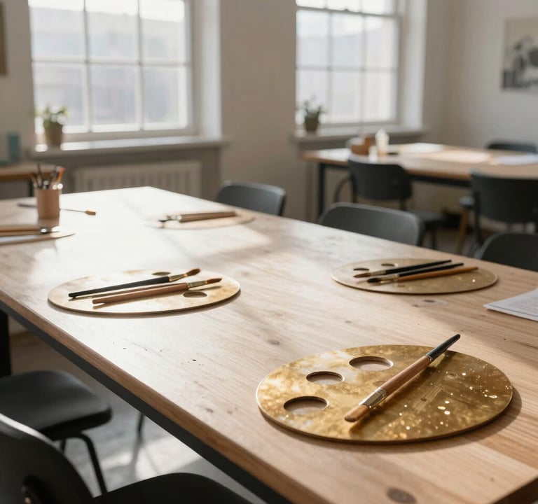 An airy and bright International / Global Art Scene art camp studio. Sunlight pours through large windows onto Light Cream wooden tables where brushes and Bronze Gold palettes are neatly arranged for a workshop.