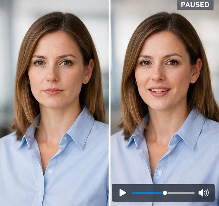 Side-by-side comparison of a professional woman in a blue shirt with neutral and smiling expressions.