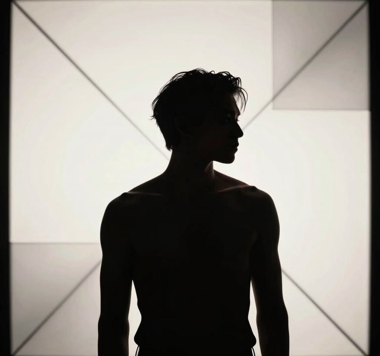 An artistic shot of a male model's silhouette against a soft off-white back-lit screen showing silver grey geometric patterns. Modern, minimalist, and high-impact visual composition.