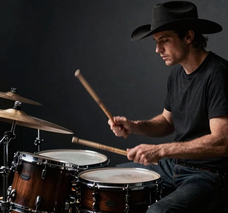 Dynamic action shot of a drummer in a Western European club. Motion blur on the drumsticks against a deep charcoal anthracite background. Moody, elegant, and minimalist rock photography style.