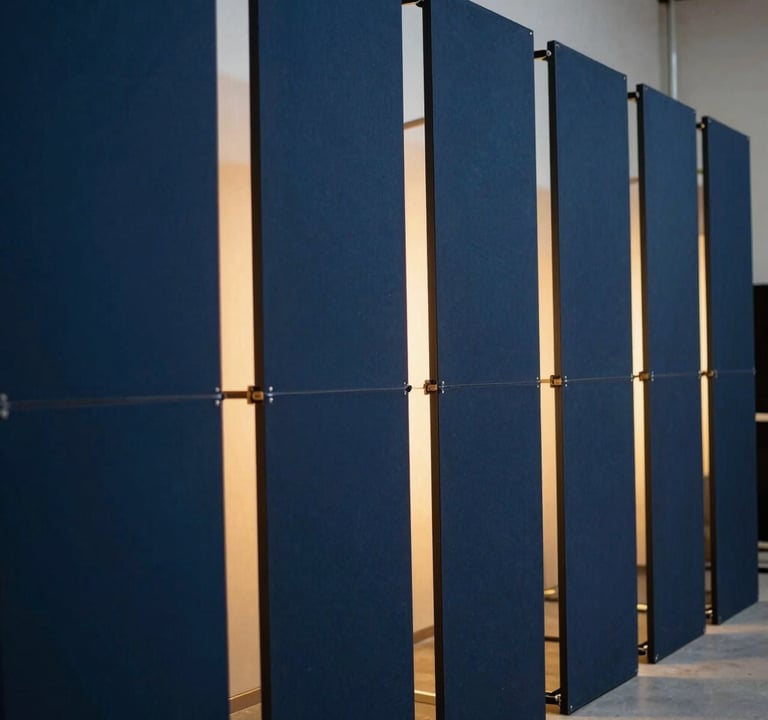 Perspective shot of a series of dark blue panels used in a film set, arranged to create depth. Golden light spilling through gaps. Professional set design photography, elegant and immersive mood.