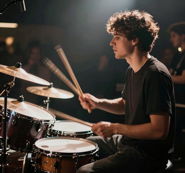 An artistic shot of a live band performing at an evening event. The motion blur of the drummer’s sticks creates a sense of dynamic energy. The lighting features sharp contrasts between deep #20232B shadows and bright spotlight flares, following an authentic documentary style.