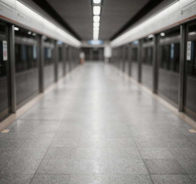 A high-resolution photography still showing an empty subway platform with symmetrical lines. Colors transition from #1A1A1A in the shadows to #F2F5F7 on the tiled floor. Clean, minimalist composition.