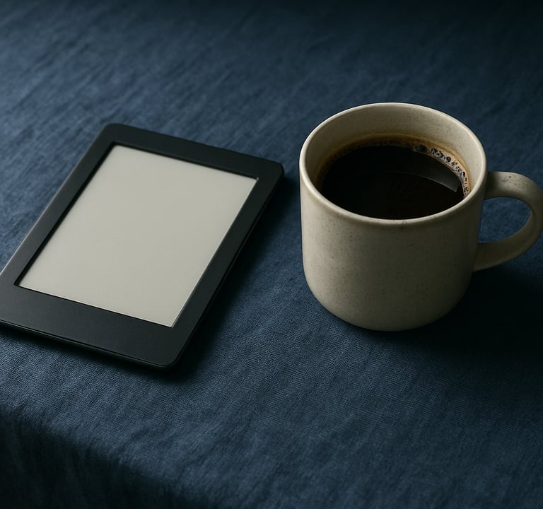 A minimalist still life featuring an e-reader and a ceramic cup of Brazilian coffee on a deep blue textured linen surface, soft natural light coming from the side.