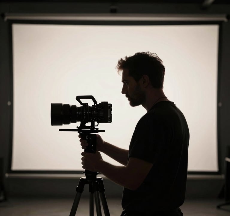 A professional film director in a North American / US studio, silhouetted against a large soft off-white projector screen. The image is dramatic and polished, highlighting the artistry of filmmaking through a noir lens.