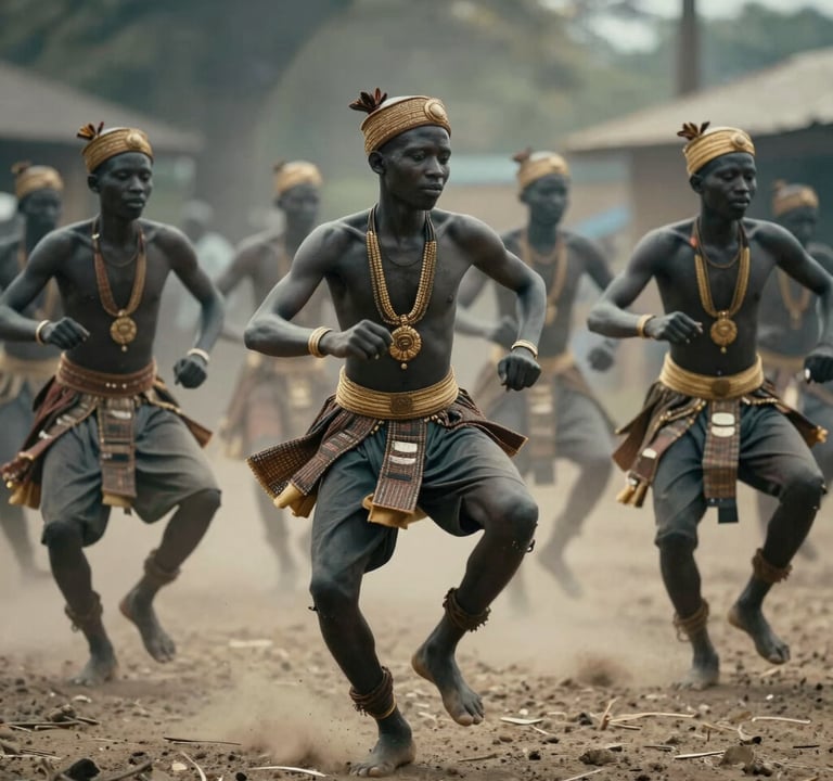 A group of traditional Angolana dancers in motion, soft blur to suggest rhythm, dust catching the light in charcoal grey and muted gold tones, cinematic documentary shot.