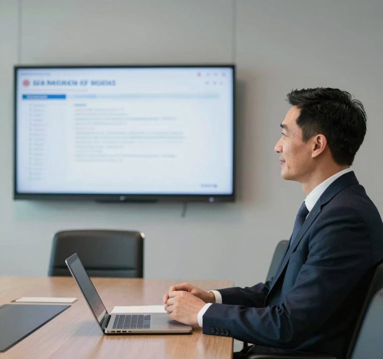 A candid photograph of a client in a North American / US corporate boardroom, looking at a digital presentation on a wall-mounted screen. The person looks satisfied, and the environment is styled with professional black furniture and light grey textures.