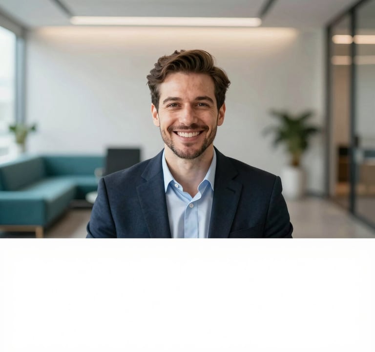 A portrait of a satisfied corporate client during a video interview, filmed with a shallow depth of field. The background is a clean, modern office with teal furniture and soft sand lighting. Professional and high-end aesthetic.