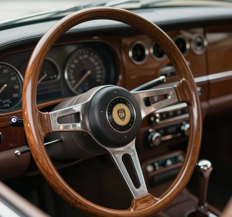 Interior detail of a classic luxury car, focusing on the wooden steering wheel and leather dashboard. Soft natural light illuminates the textures. Rich #1C2833 and #B2BEB5 tones. Elegant and timeless atmosphere.