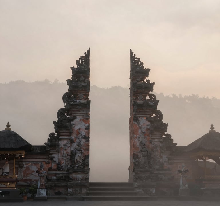 Wide shot of a misty Balinese temple at dawn. Ethereal, quiet, and peaceful atmosphere. Soft #D4C7BB and #F8F4F0 hues in the morning sky.