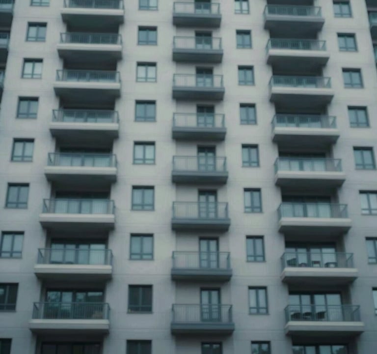 A low-angle shot of an apartment complex facade, creating a repetitive pattern of balconies and windows. The lighting is cinematic with a focus on form. Incorporates brand colors #D0D5DB and #0A0A0C.
