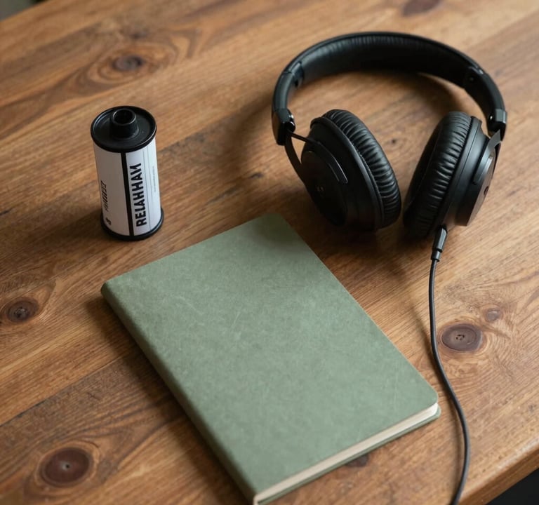A top-down aesthetic shot of a filmmaker's workspace in North America. A pair of studio headphones, a film canister, and a sage green notepad are neatly arranged on a rustic wooden table under warm, cozy lighting.