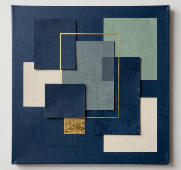 A sophisticated mixed-media collage using recycled textiles and midnight blue paper on a large canvas. The composition is clean and modern, reflecting a North American artistic style, with subtle gold accents and sage green highlights.