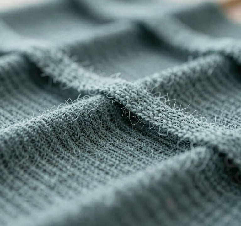 An abstract, close-up composition of sustainable weaving materials in a palette of #293B37 and #5B7B71, highlighting the studio's focus on sustainable cultural production.