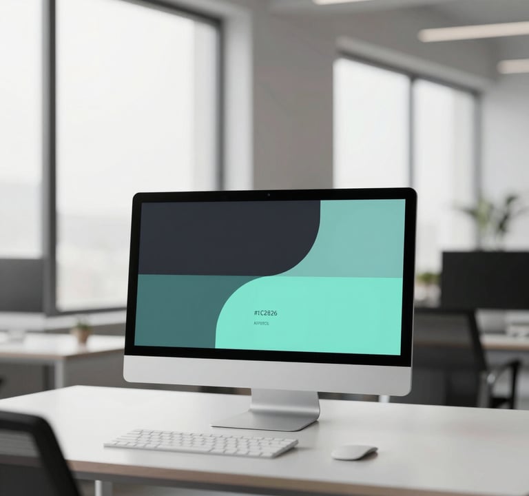 An wide-angle shot of a minimalist studio environment with large windows. A single monitor displays an abstract brand pattern using the colors #1C2826, #3F5E5C, and #A7C5C3. The atmosphere is calm, sophisticated, and highlights an engaging user experience.