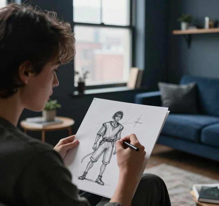 An over-the-shoulder photograph of an artist sketching a character concept in a North American / US urban loft. Natural silver mist light enters through a window, contrasting with the deep slate interior furniture.