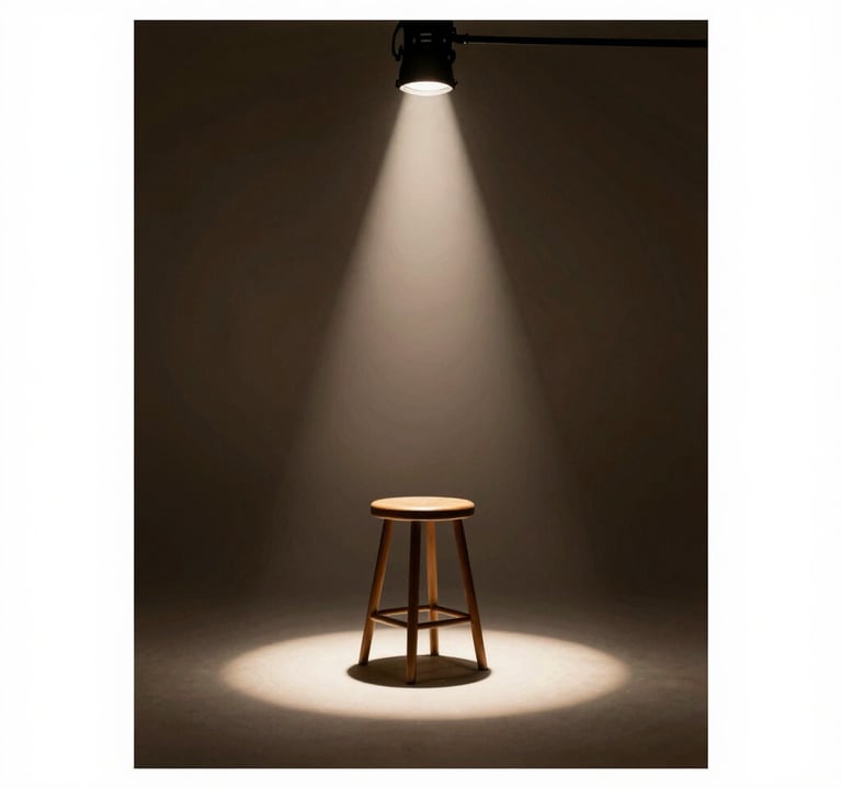 Artistic shot of a photography studio setup. A single stool under a dramatic spotlight #F5F2EF in a dark room #1F1E1C. Represents the preparation for a lifestyle shooting d'art. Sophisticated, warm, and inviting mood.